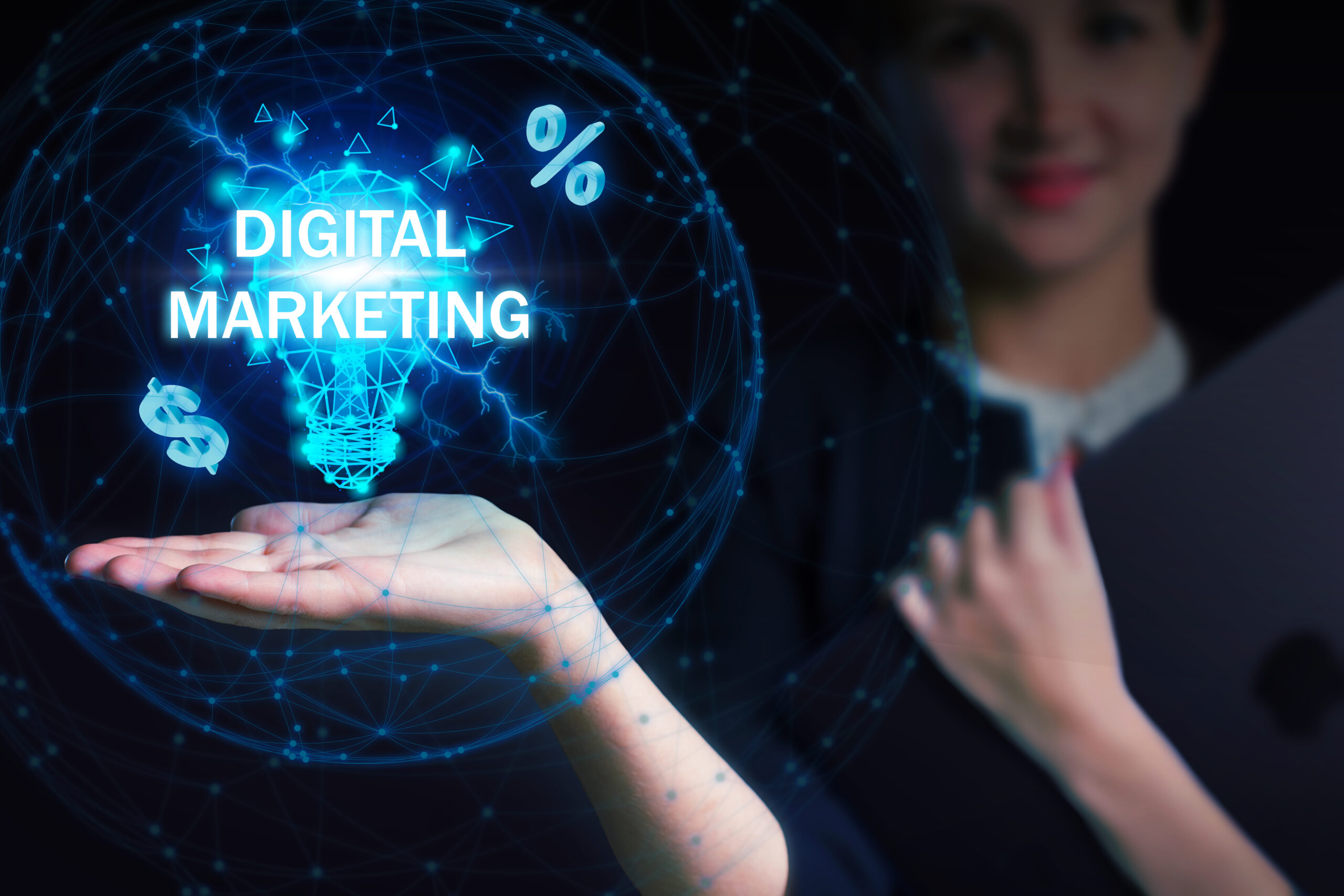 Business, Technology, Internet and network concept. Young businessman working on a virtual screen of the future and sees the inscription: Digital marketing